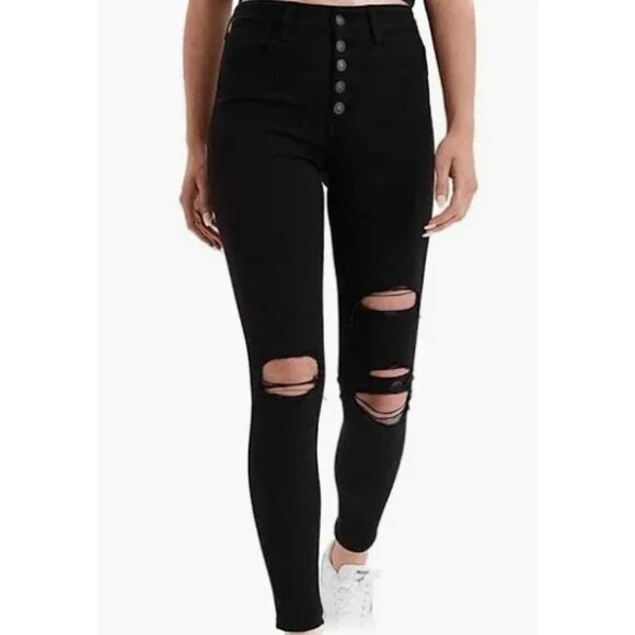 American Eagle Black size 4 Short Distressed Denim Super Hi-Rise Ne(x)t Level St - Picture 1 of 6